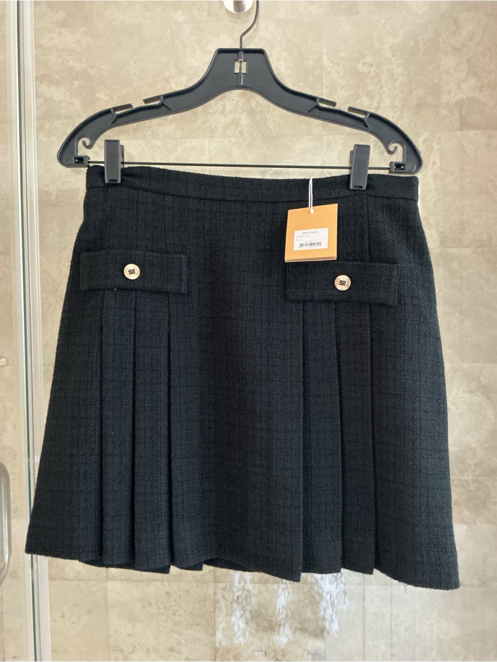 Sandro Black Pleated Skirt with Button-Flap Details